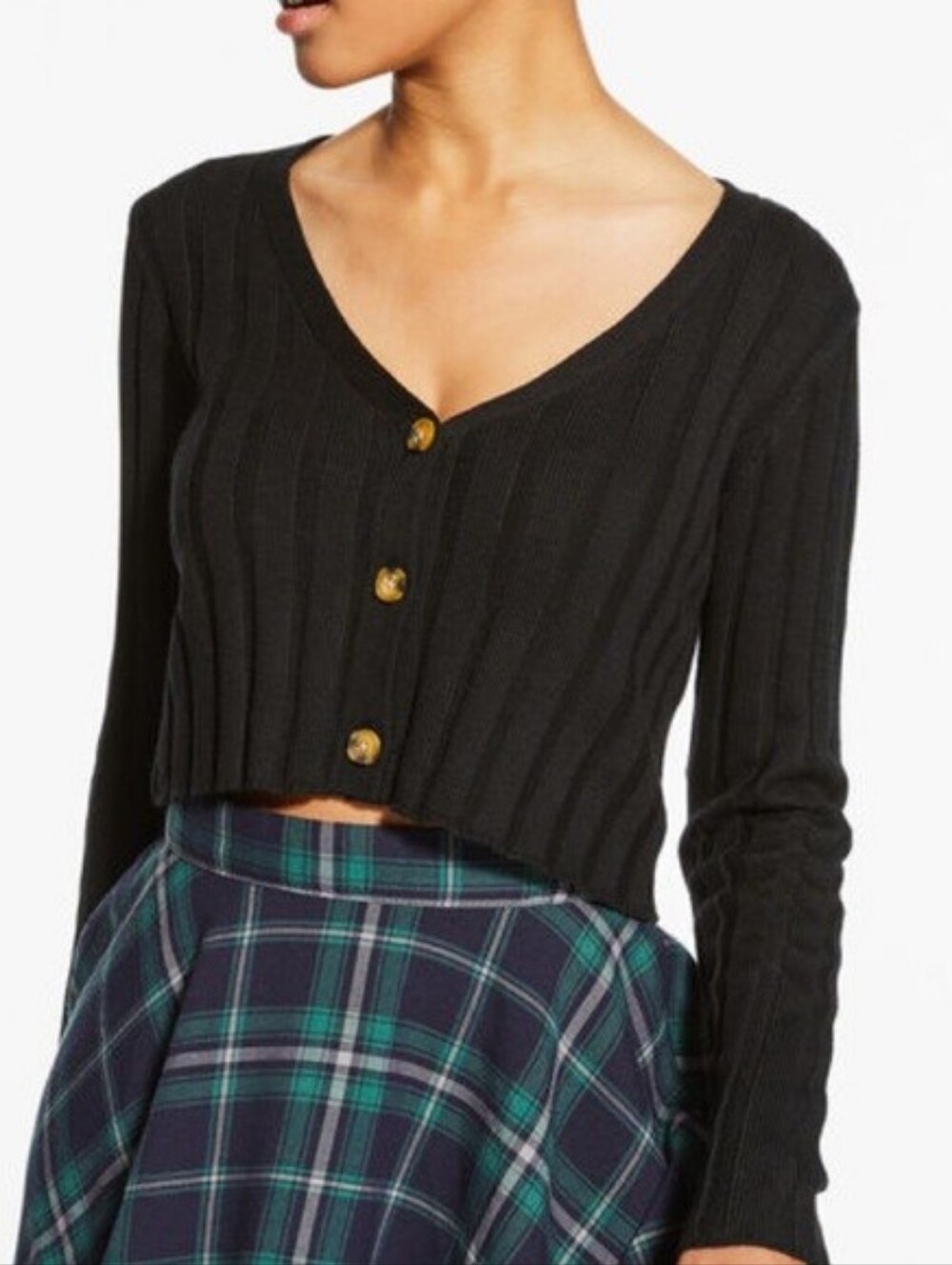 Aeropostale Black Ribbed Cropped Cardigan with Tortoiseshell Buttons